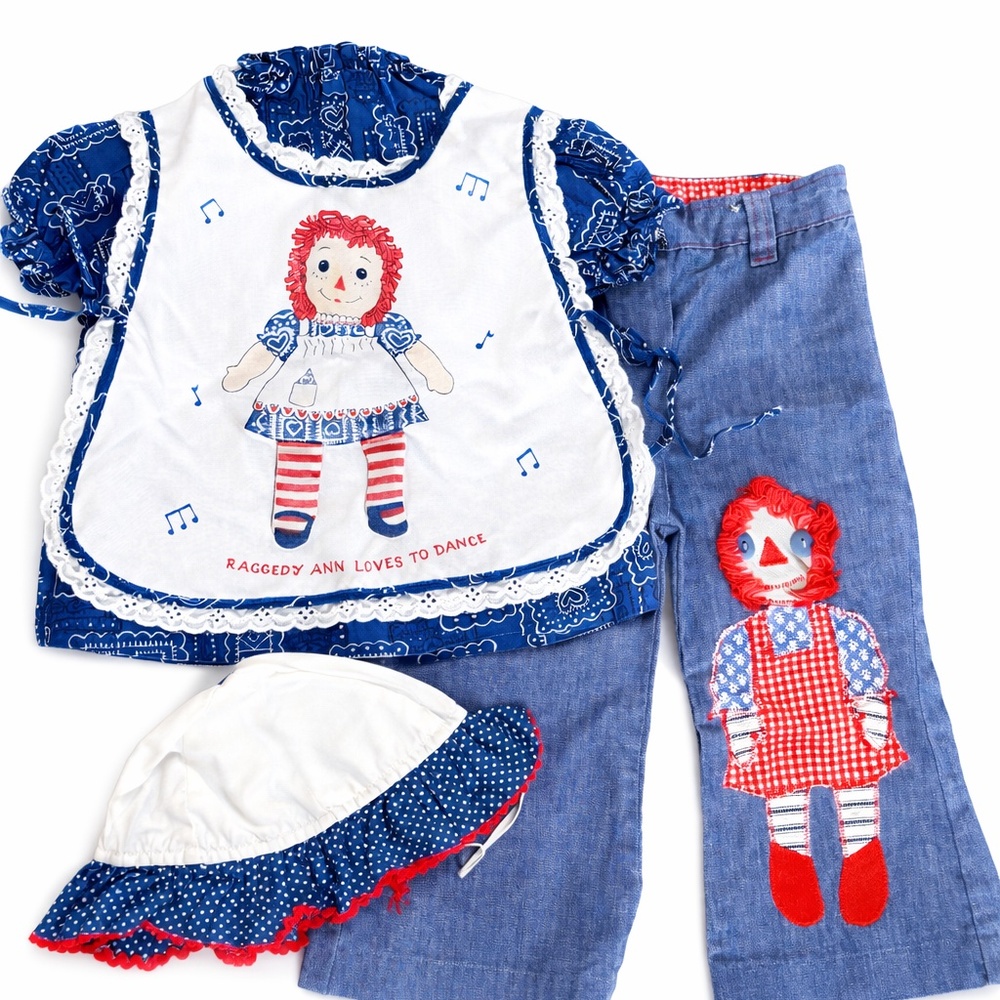 Vintage Raggedy Ann 3-Piece Outfit Set | Appliqué Top, Jeans & Bonnet | Girls 3T